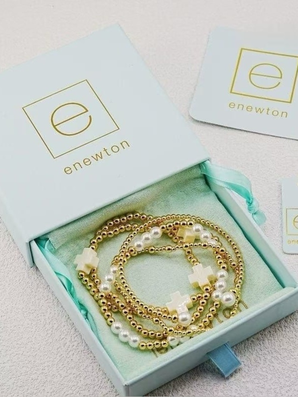 ENewton Gold Beaded Bracelet Set with White Cross & Pearl Accents